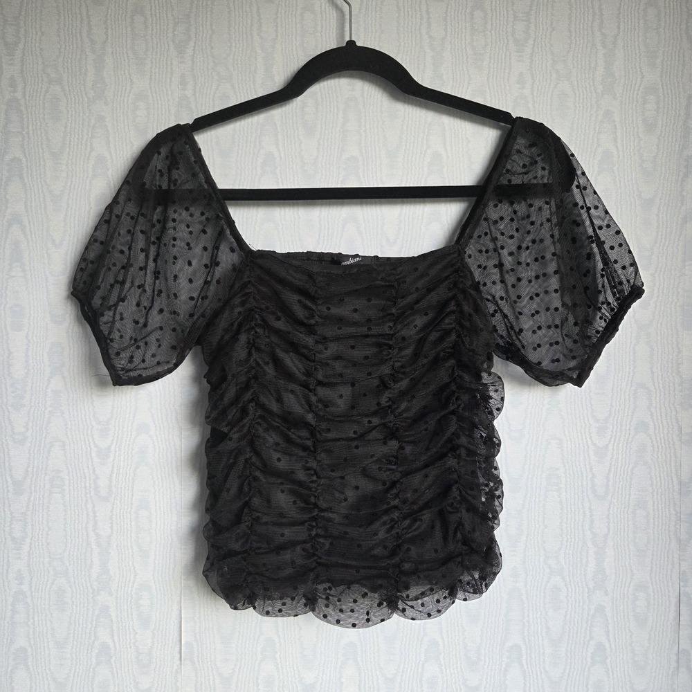 Ambiance‎ Y2K Small Smocked Ruched Puff Sleeve Mesh Polka Dot Black Crop Top